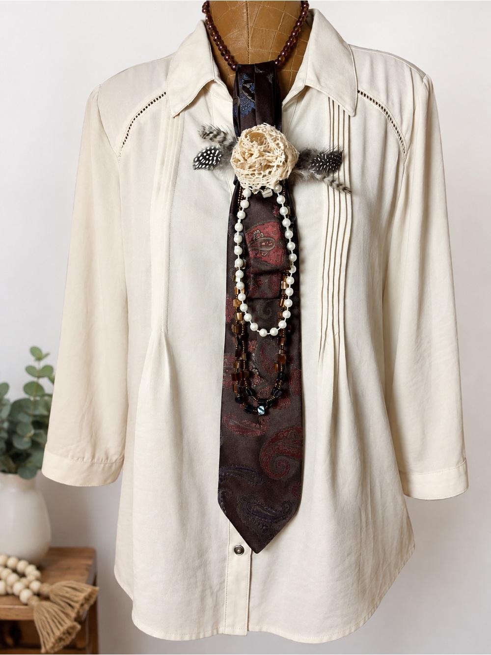 Upcycled Necktie Statement Necklace Boho Pearl Feather Fabric Flower OOAK